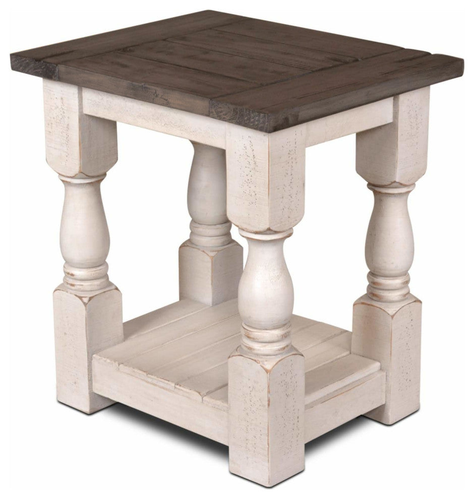 Rectangular Side End Table Distressed White And Brown Solid Wood