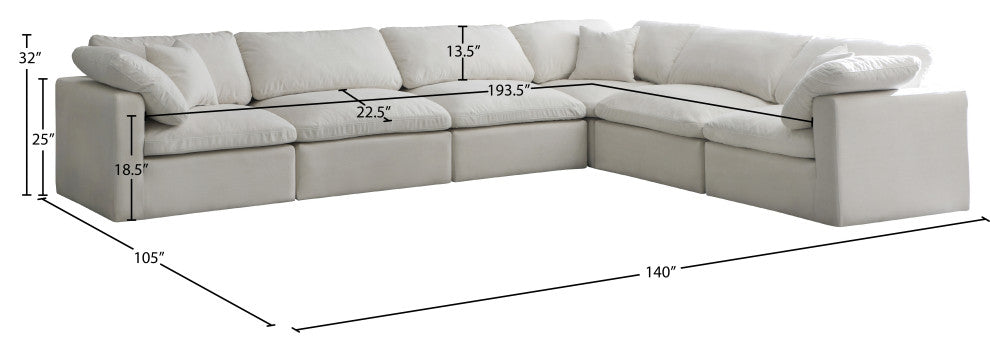 Plush Velvet / Down Standard Comfort L-Shaped Modular Sectional, Cream, 6-Piece: 3 Armless Chair, 3 Corner Chair