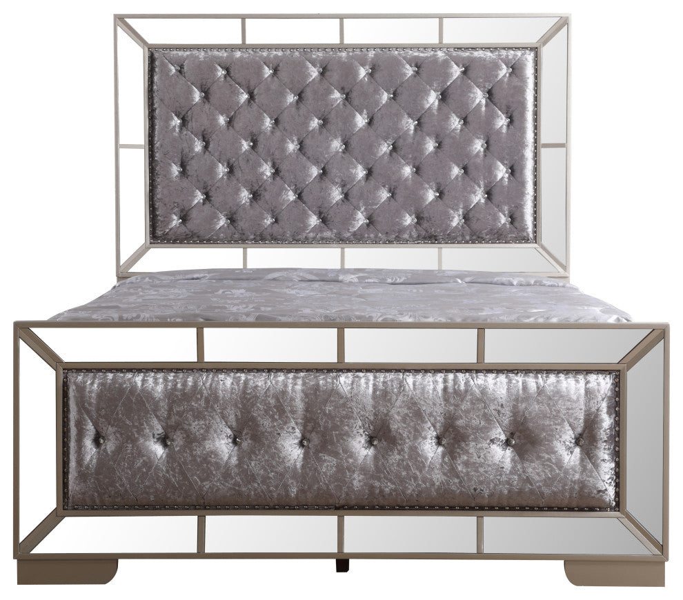 Galera Tufted and Mirrored Bed, Gray, Full