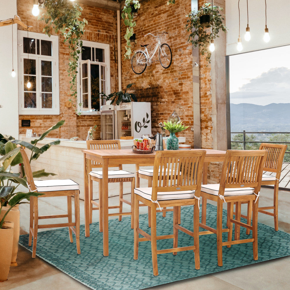 7 Piece Teak Wood Castle 71" Rectangular Patio Bistro Bar Set with 6 Barstools