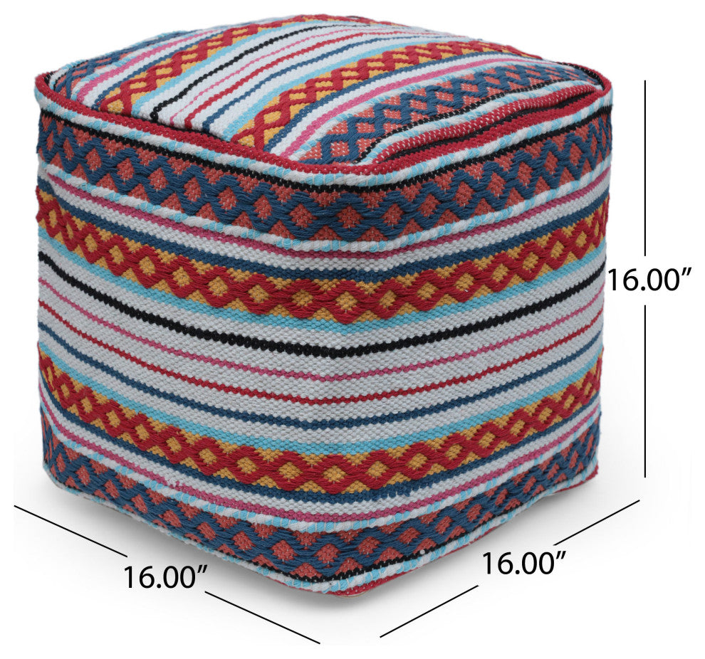 Hilliard Boho Handcrafted Peruvian Print Cube Pouf, White + Yellow + Red Multi Color