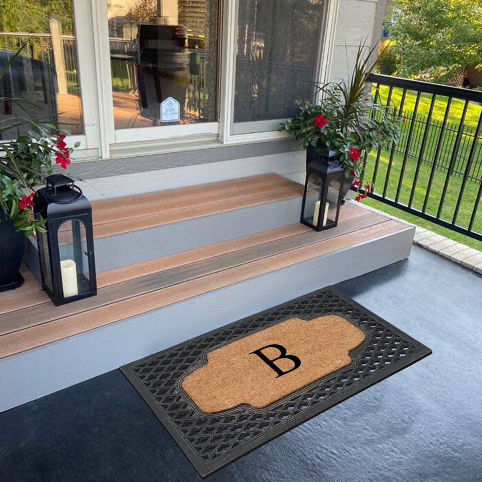 A1HC Mesh Border Rubber and Coir Monogrammed Doormat, 23"X38", Black, B