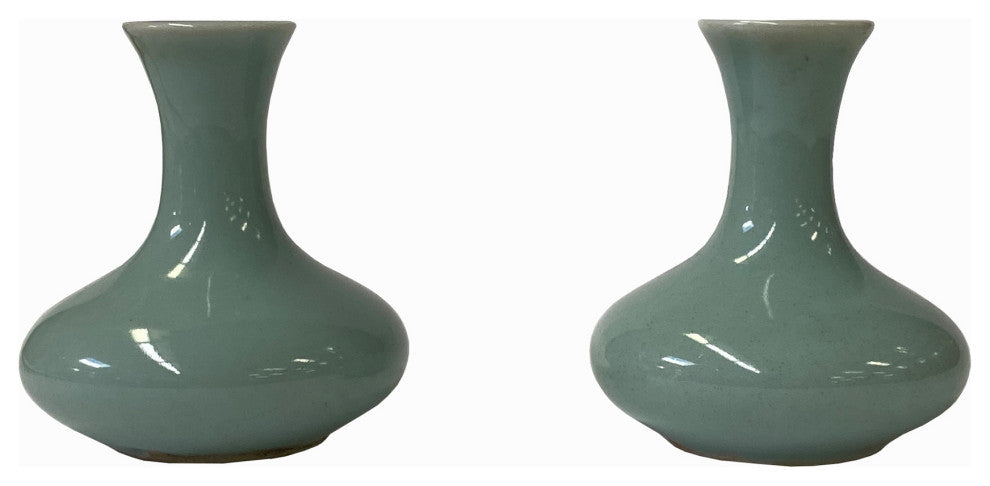 2 x Chinese Clay Ceramic Wu Celadon Green Small Vase Container Hws1619