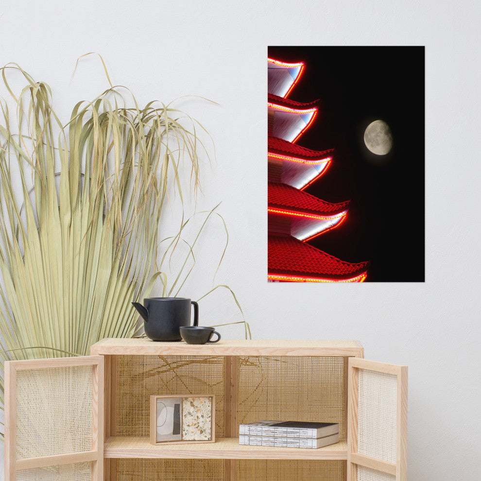 Moon Over Pagoda 1 Night Urban Photograph Unframed Wall Art Print, 24" X 36"