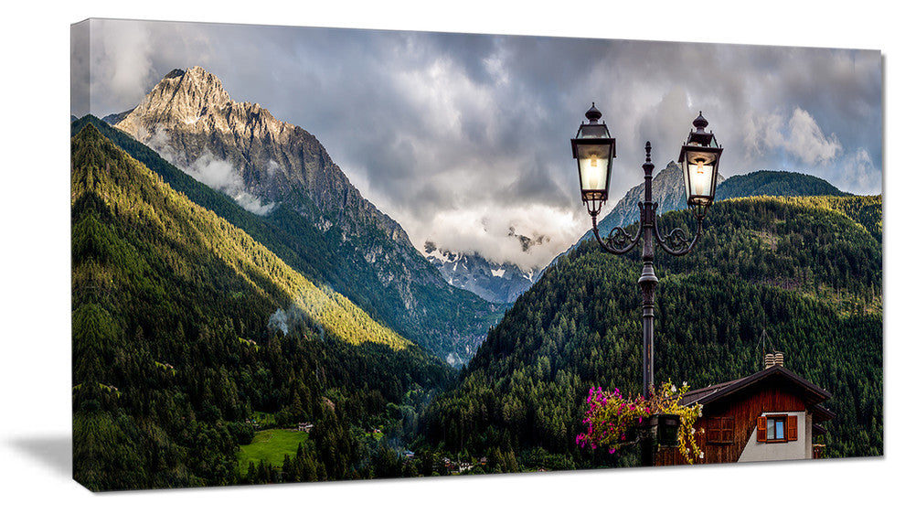 Lamp Posts in Mountain Panorama, Landscape Canvas Art Print, 32"x16"