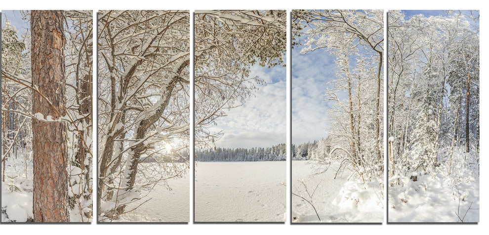 Lake in Winter Woods, Landscape Canvas Art Print, 60"x28", 5 Panels