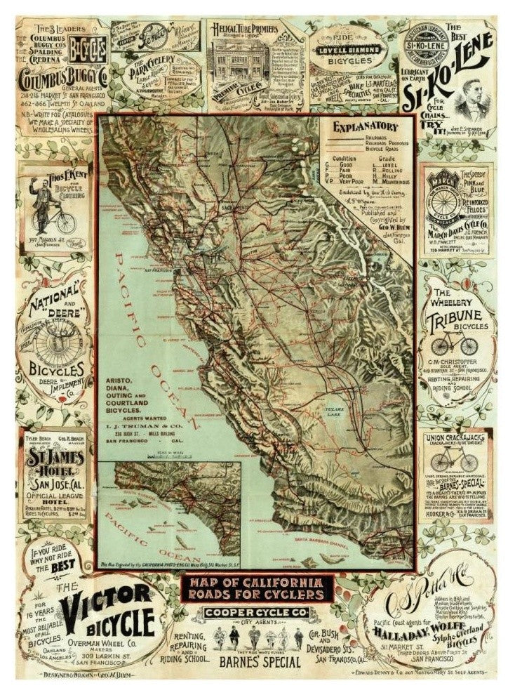 "Map of California Roads for Cyclers, 1896" Print by George W. Blum, 28"x38"