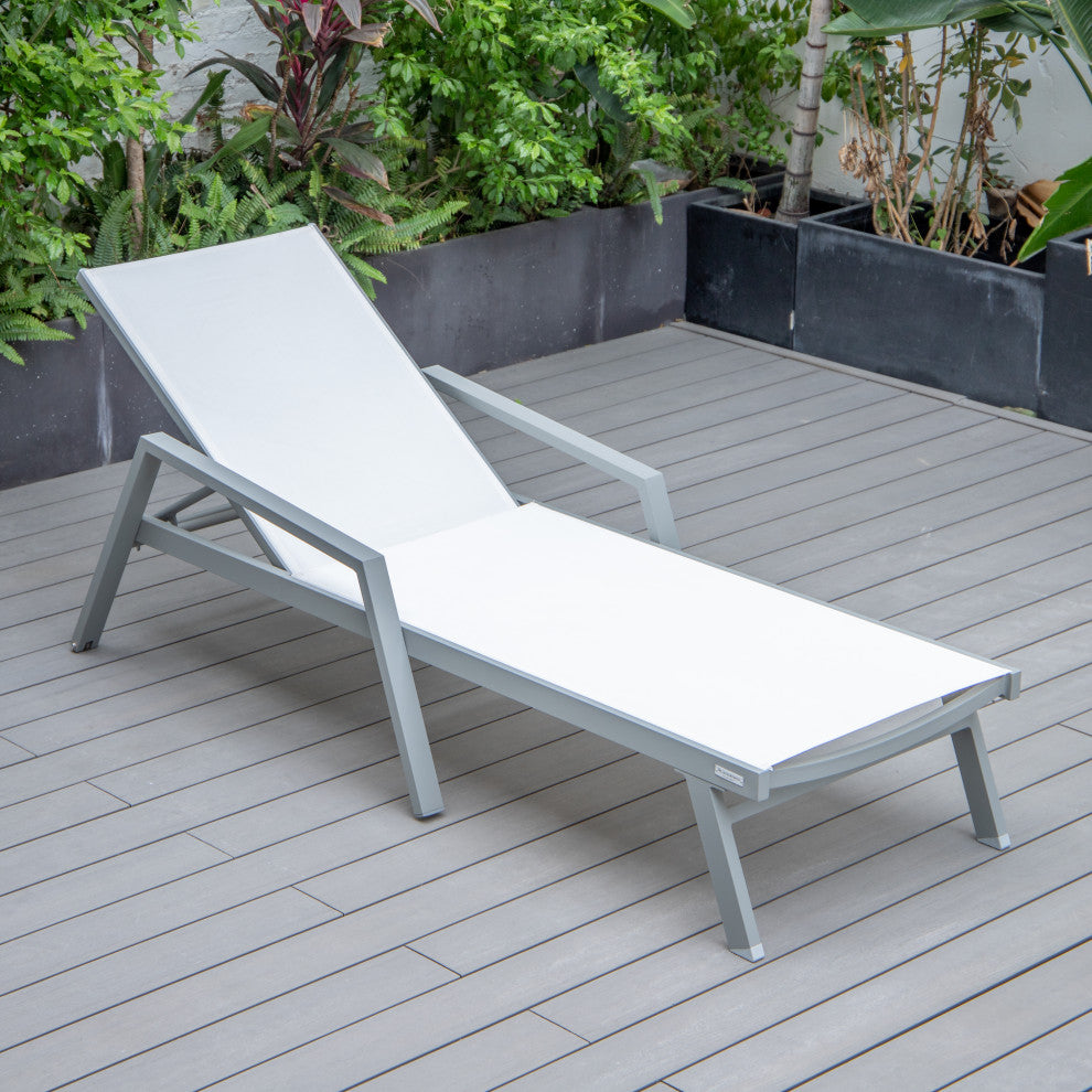 LeisureMod Marlin Patio Chaise Lounge Chair With Arms Gray Frame, White