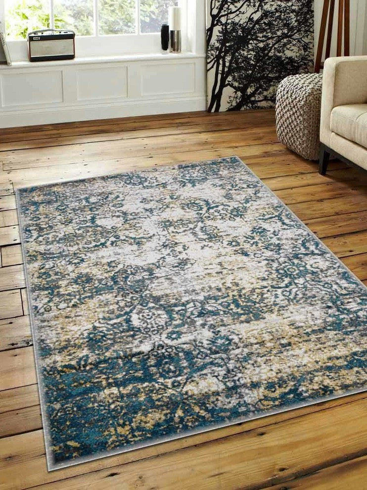 Machine Woven Heatset Polypropylene Area Rug Abstract Ivory Blue, [Rectangle] 4'x6'
