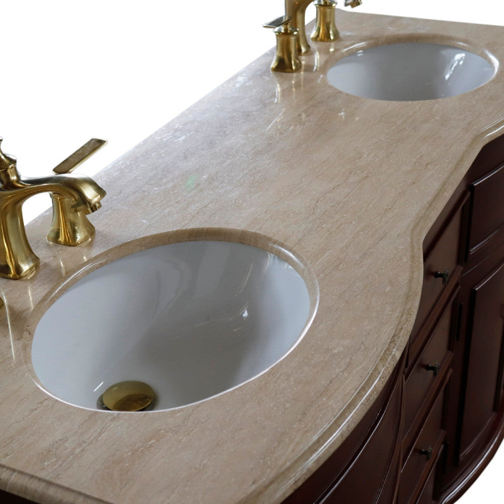 62" Double Sink Vanity Walnut Finish, Travertine Top