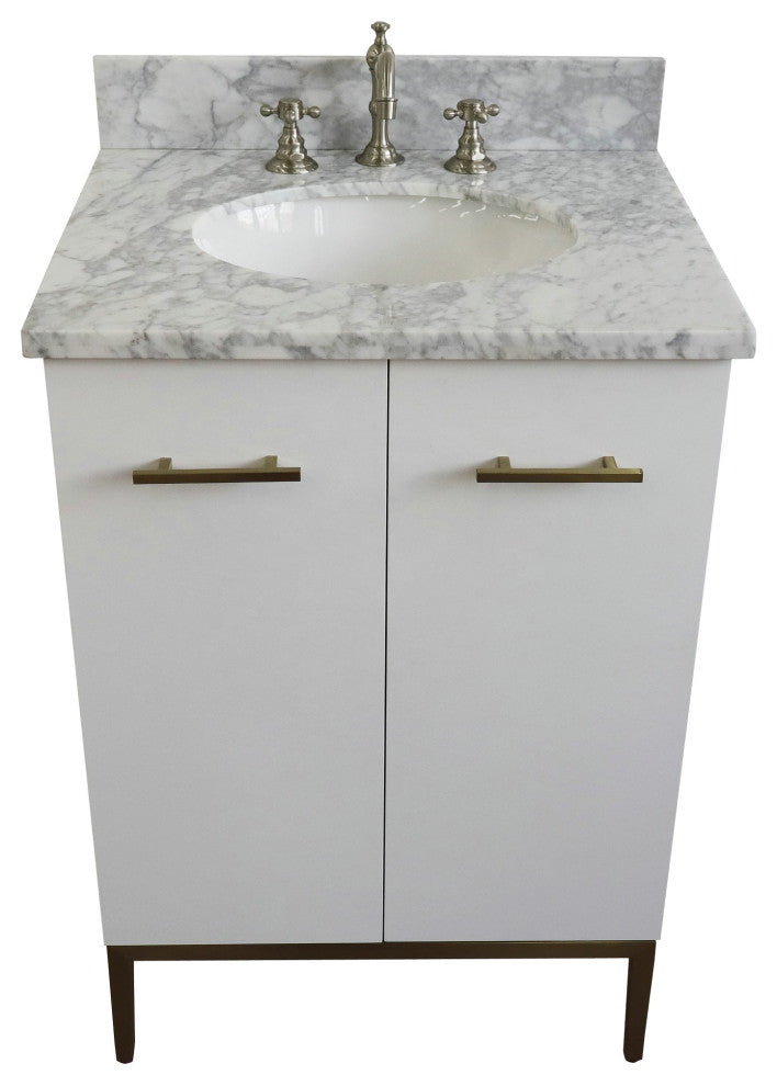 25" Single Sink Vanity, White Finish With White Carrara Marble And Oval Sink