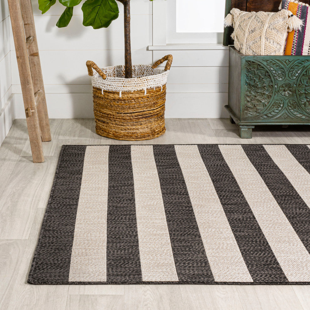 Negril Two-Tone Wide Stripe Indoor/Outdoor Area Rug, Black/Beige, 8x10