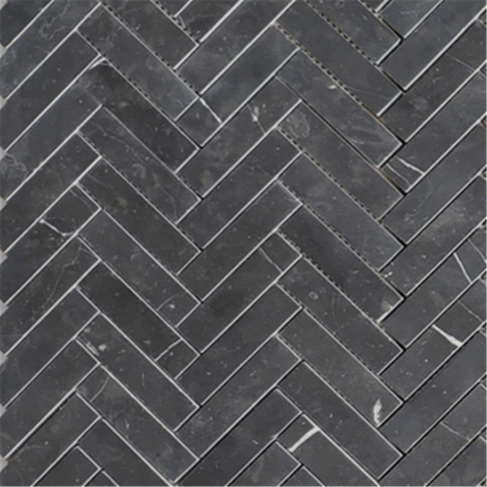 Nero Marquina Black Marble 1x4 Herringbone Mosaic Tile Honed, 1 sheet