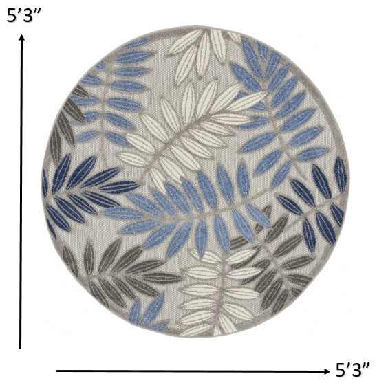 5' Round Blue And Gray Round Floral Indoor Outdoor Area Rug