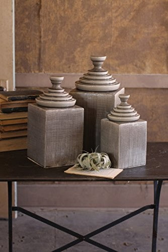 SET OF 3 GREY TEXTURED CERAMIC CANISTERS WITH PYRAMID TOPS