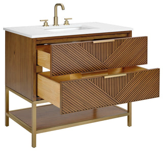 Diamond 36" Bath Vanity, Walnut/Satin Brass, 36", White Quartz Top