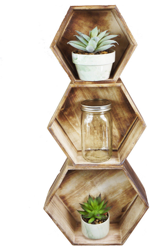 11.8" Brown Wash Hexagon Wood Crate, Set of 3