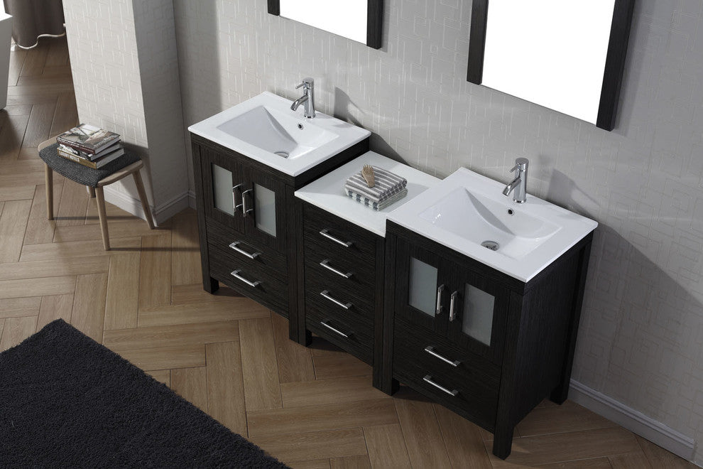Virtu Dior 74" Double Bathroom Vanity, Zebra Gray, Faucet, Mirrors