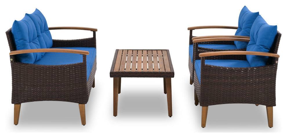 4-Piece Outdoor Wicker Patio Sofa Set with Wood Table and Removable Cushions, Blue