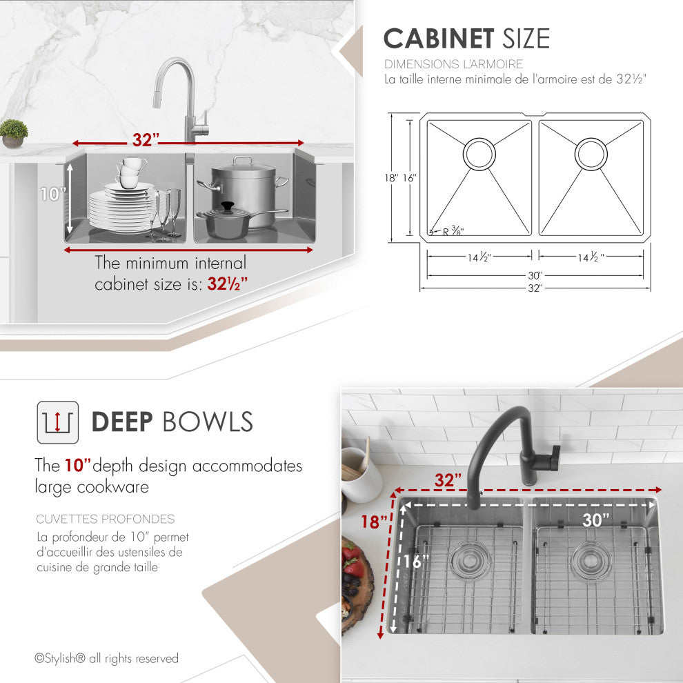 STYLISH 32"L x 18"W Stainless Steel Double Basin Undermount Kitchen Sink