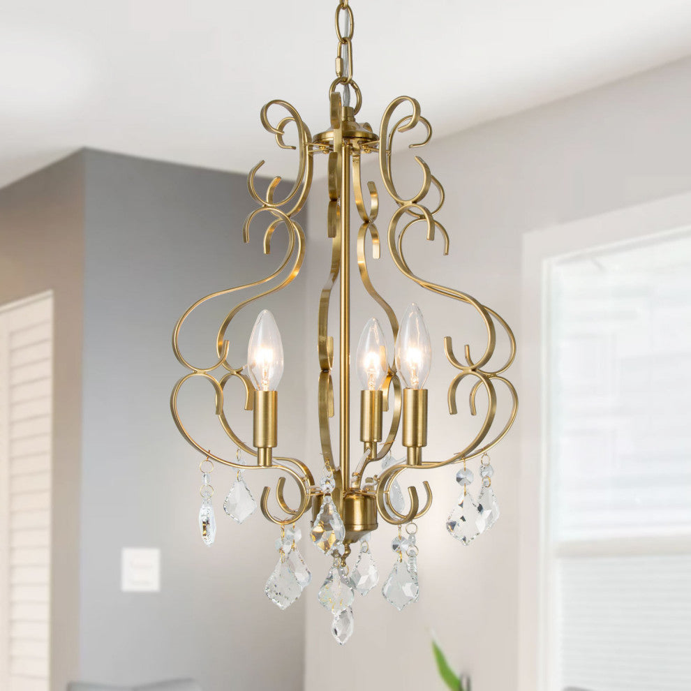 LNC Modern 3-Light Gold Chandelier With Crystal, Lantern Shape