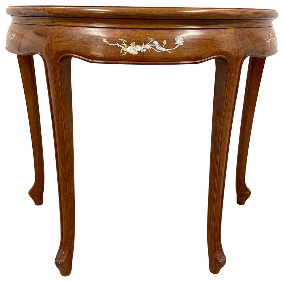 Consigned 20th Century Chinese Rosewood Half Moon Table w/Mother of Pearl inlay