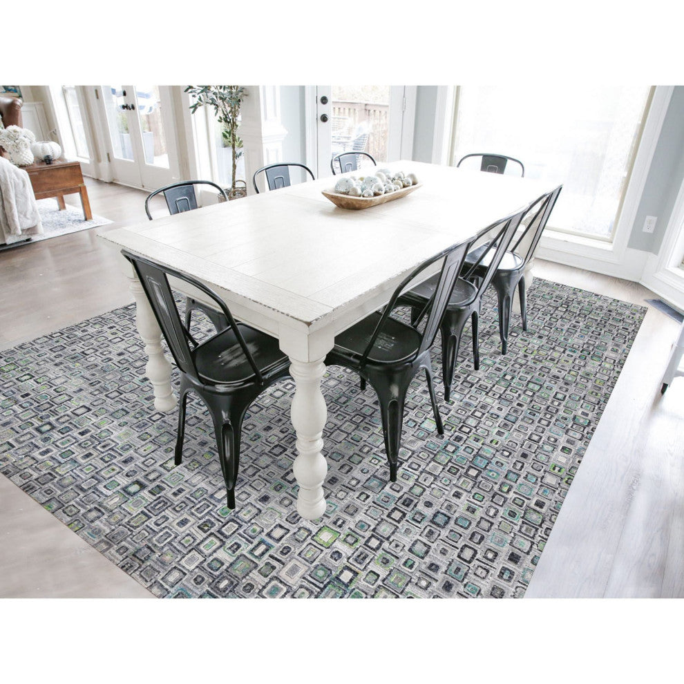 Gray, Silk With Wool, Psefas Square Design Hand Knotted Rug, 9'0"x12'3"