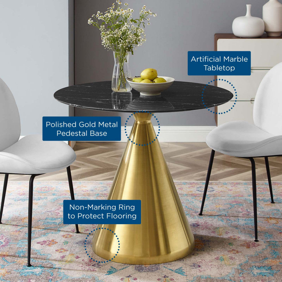 Dining Table, Round, Artificial Marble, Metal, Gold Black, Modern, Cafe Bistro