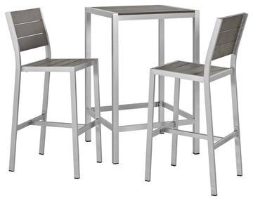 Shore 3 Piece Outdoor Patio Aluminum Outdoor Pub Set, Silver Gray