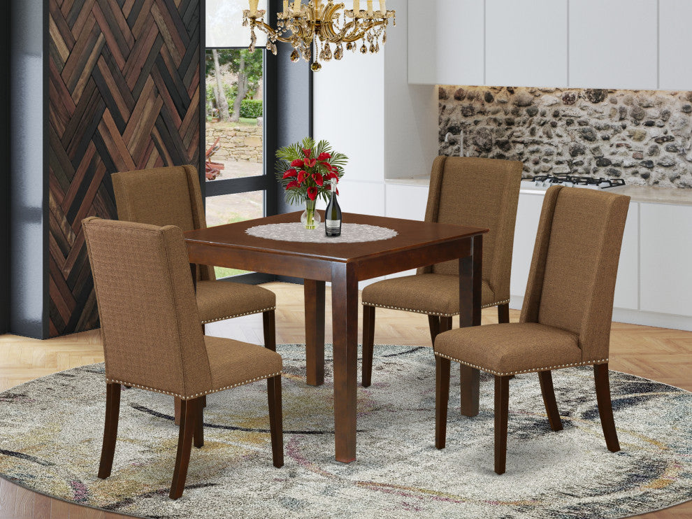 5Pc Dining Set - 4 Padded Chair, Wood Table Solid Wood Frame, Mahogany Finish