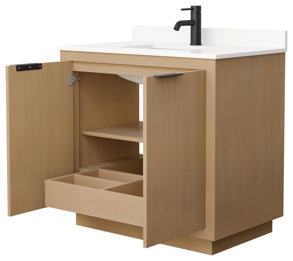 Maroni 36" Light Straw Single Vanity, White Quartz Top, 1-Hole, Black Trim