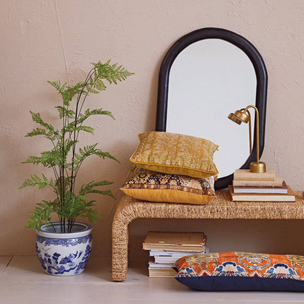 Woven Water Hyacinth and Acacia Wood Bench With Waterfall Edge, Natural