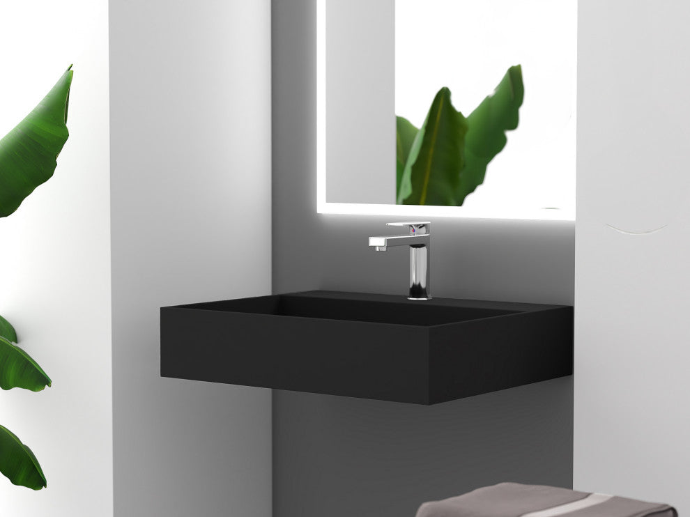 CastelloUSA Juniper Wall Mounted Countertop Concealed Drain Basin Sink, Black, 24", Center Basin, Standard
