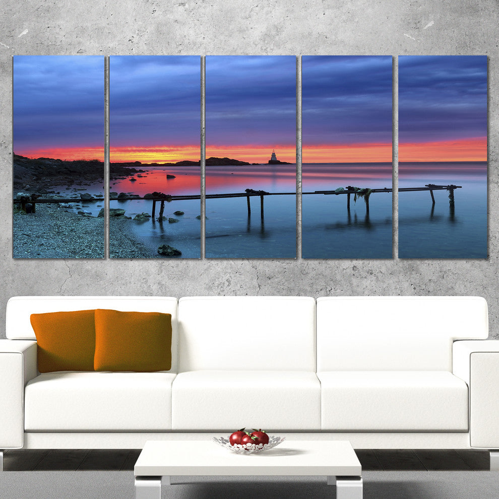 Blue Sky and Waters Panorama, Modern Seashore Canvas Art, 60"x28", 5 Panels