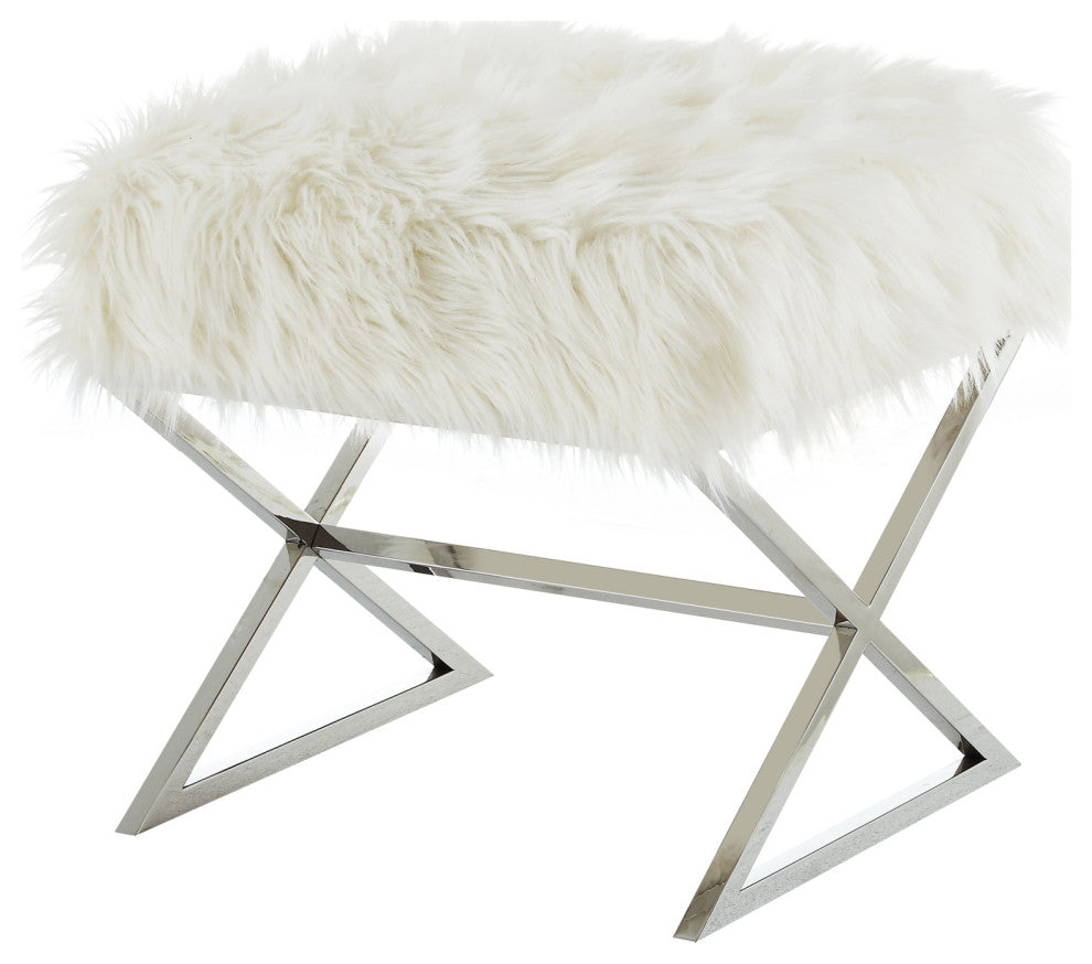 Oria Faux Fur X-Leg Chrome Base Ottoman, White/Chrome