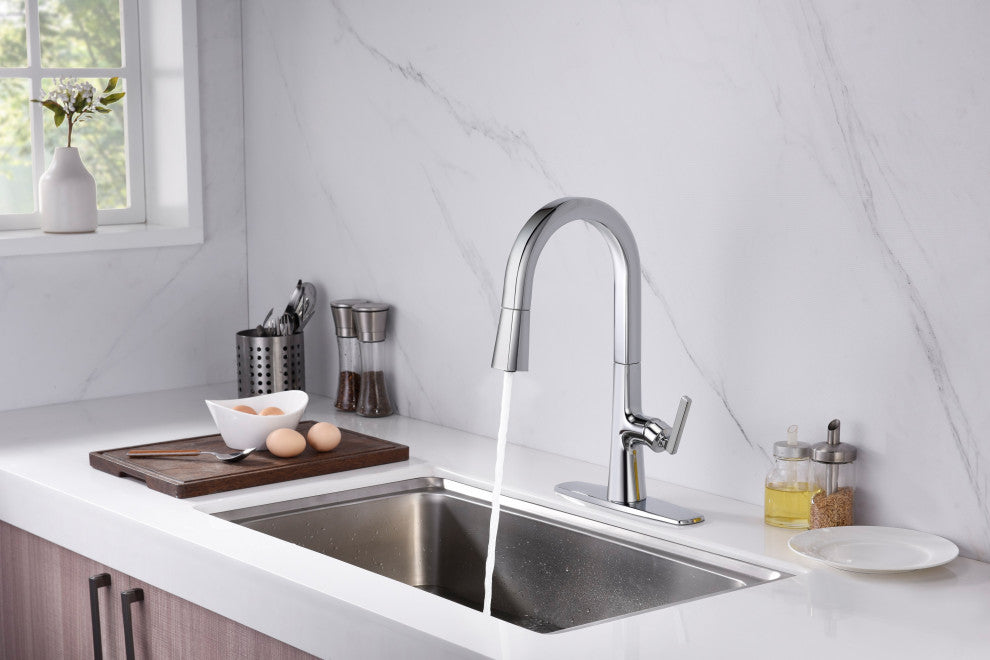 Saint Lazare Single Handle Pull Down Kitchen Faucet in Matte Black, Chrome