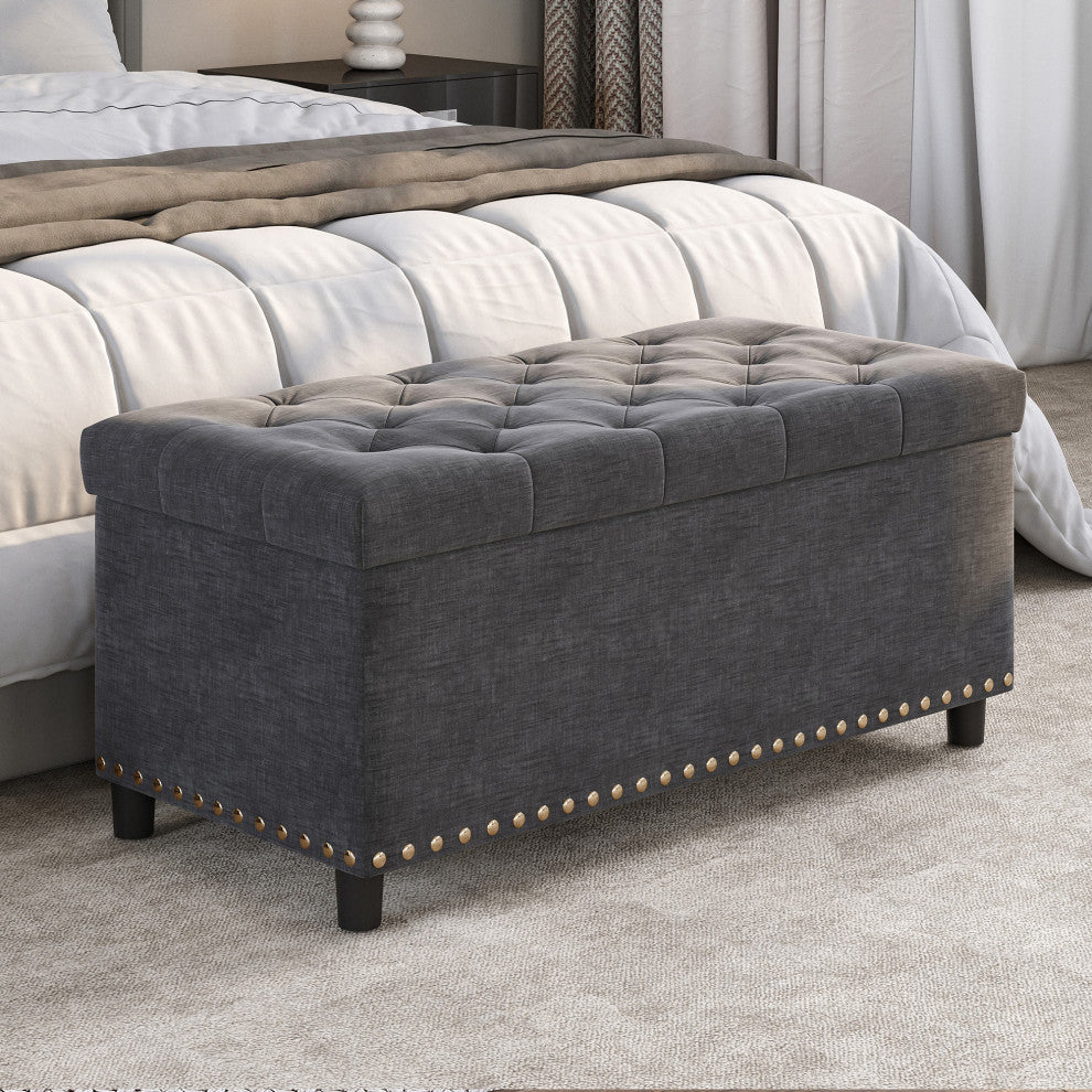 35" Storage Ottoman, Button-Tufted Linen Storage Bench - Dark Grey
