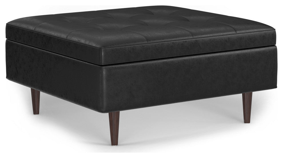 Shay Mid Century Large Square Coffee Table Storage Ottoman, Distressed Black
