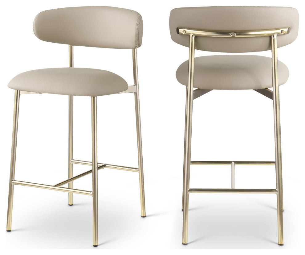 Lupita Upholstered Counter Stool, Taupe, Vegan Leather, Brushed Gold, Set of 2
