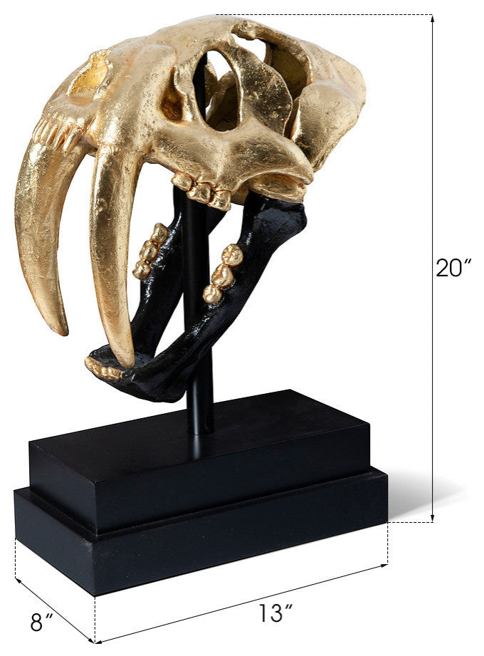Saber Tooth Tiger Skull, Black, Gold Leaf