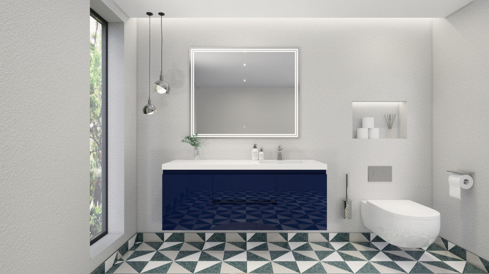 Belli 60" Right Single Sink Wall Mount Vanity, High Gloss Night Blue, Glossy White Top