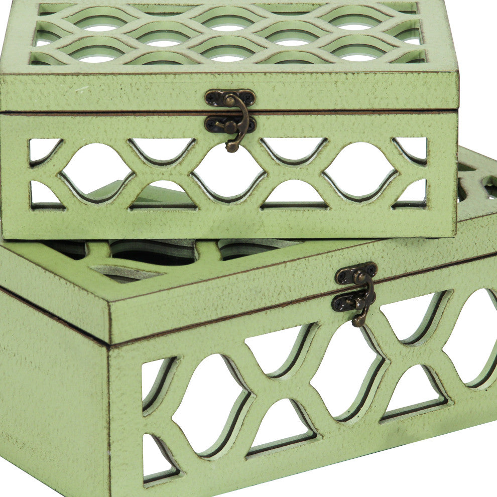 Moroccan Mirrored Wooden Boxes, Blue, Set of 2, Green