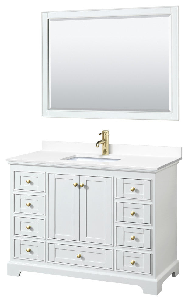48" Single Vanity White, White Cult. Marble Counter, Sink, Gold Trim, 46" Mirror
