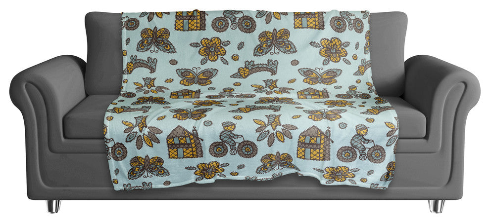 Kids Whimsical Folk Pattern in Blue Fleece Blanket
