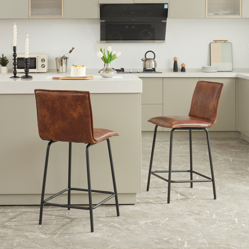 Set of 2 Modest Faux Leather Counter Stools, 24 Inch, Yellowish Brown