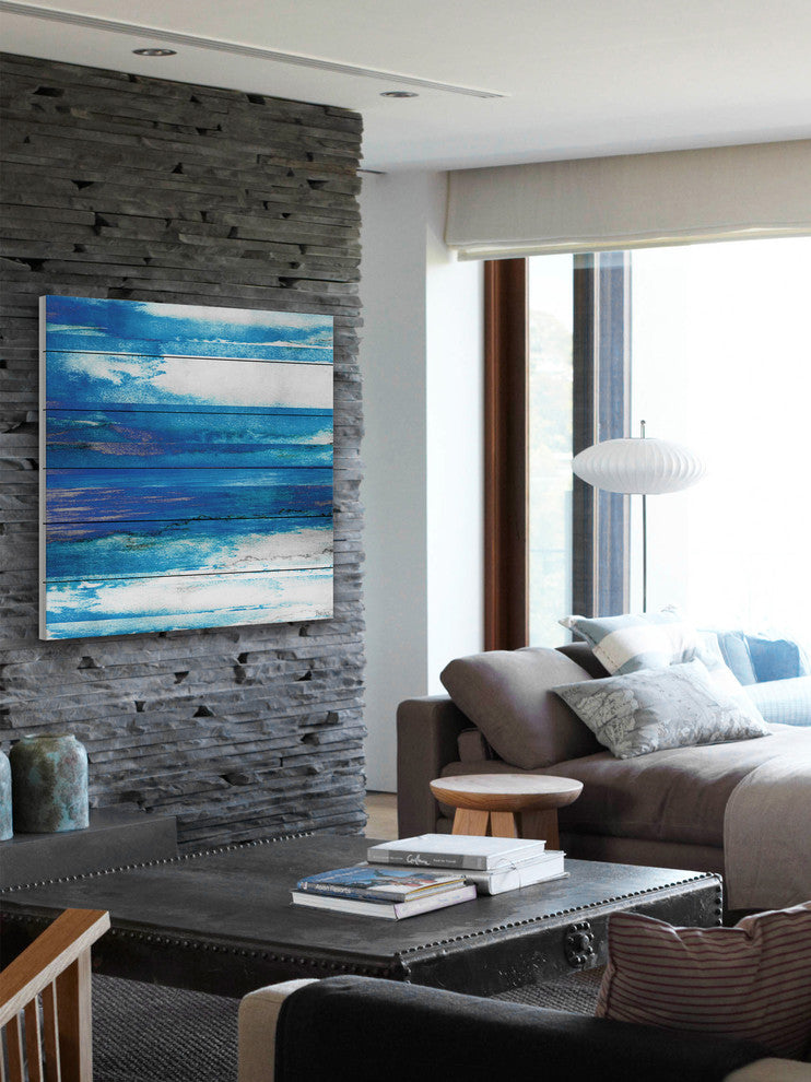 "Blue Painted Ocean" Painting Print on White Wood, 24"x24"