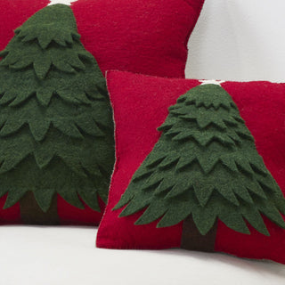 Handmade Christmas Pillow Cover in Hand Felted Wool - Tree on Red - 14", Pillow (Includes Insert)