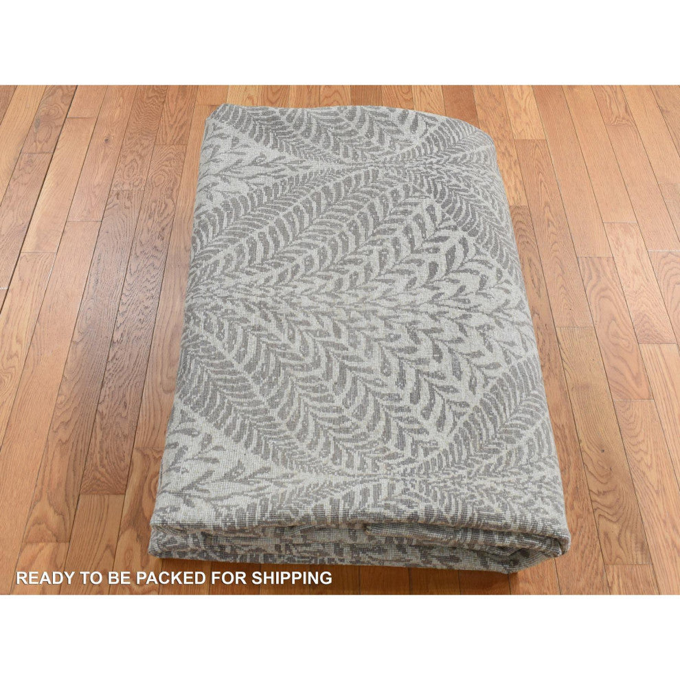 Silver Gray, Gold Leaf Design, Pure Silk, Hand Knotted, Rug, 8'10"x12'1"
