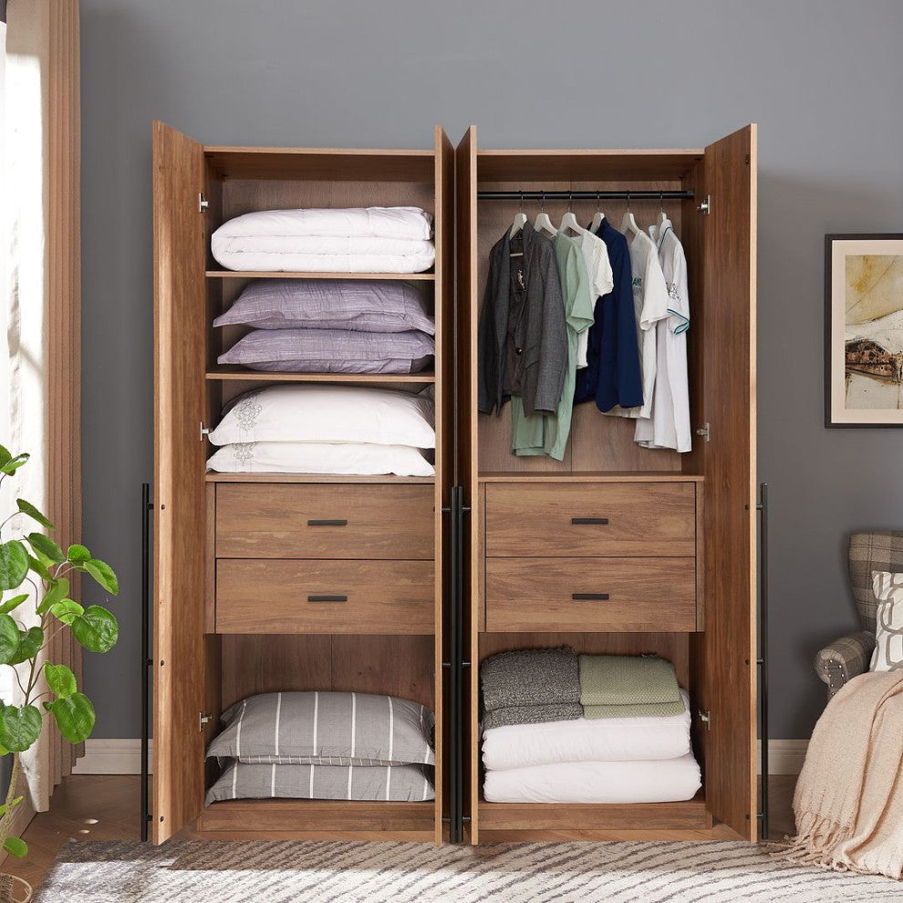 Lee Modern 2-Piece Wardrobe With 1 Rod, 4 Drawers & 5 Shelves, Golden Brown
