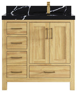 Malibu Teak 36" Right Offset Bath Vanity in Light Natural  2" Calacatta Black